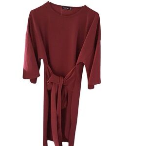 Red Midi Dress with Waist Tie